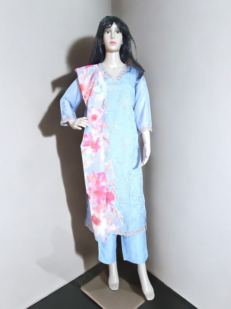 3 piece set kurta, bottom sarten organza dupatta - Image 3