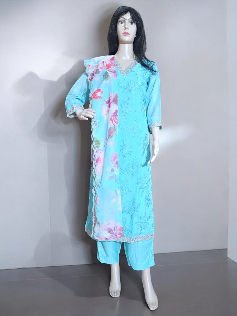 3 piece set kurta, bottom sarten organza dupatta - Image 2