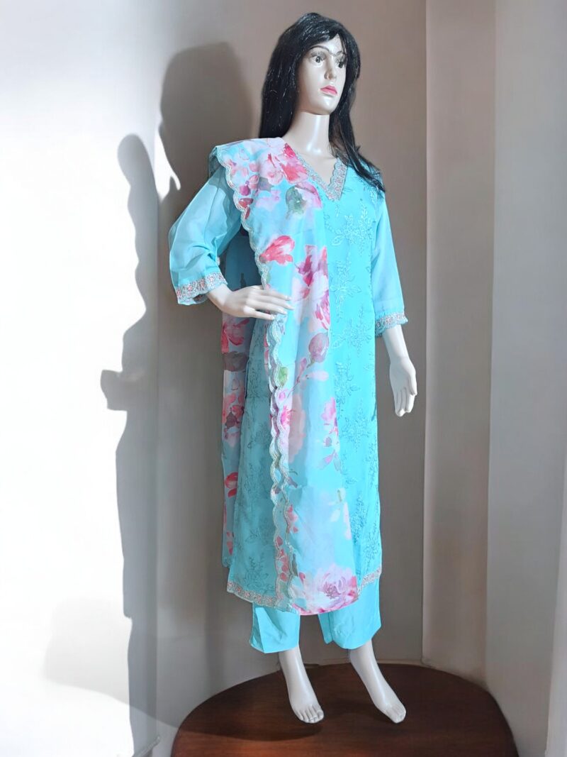 3 piece set kurta, bottom sarten organza dupatta - Image 4